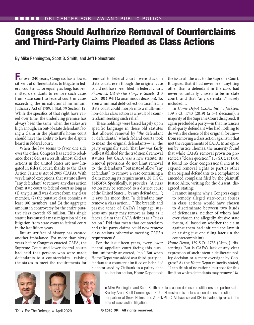 Congress Should Authorize Removal of Counterclaims and Third-Party Claims Pleaded As Class Actions