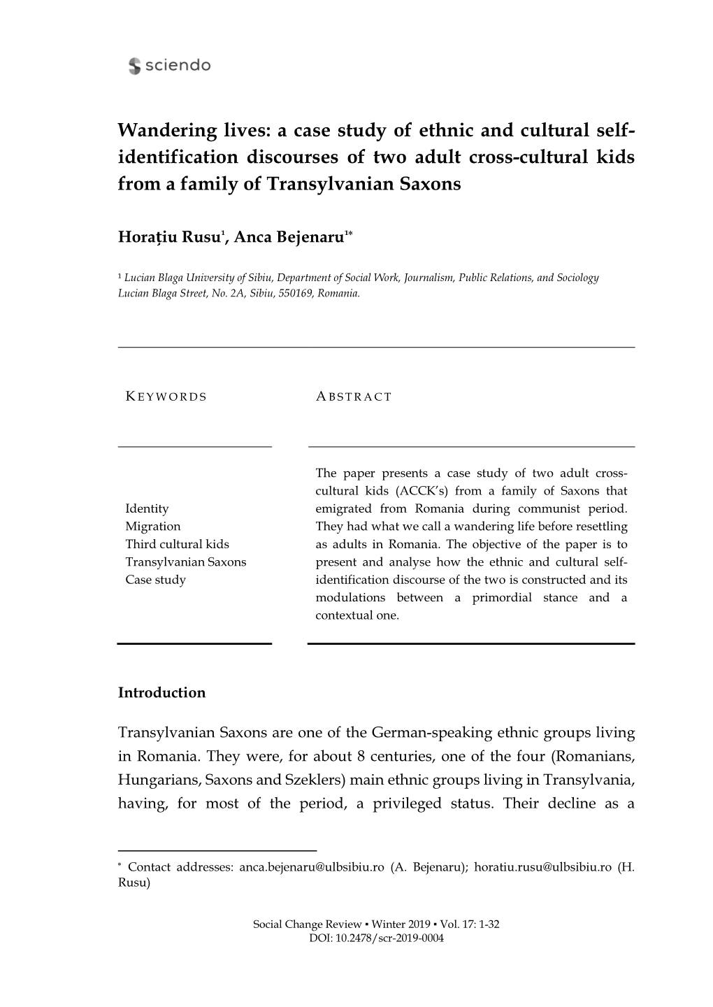 A Case Study of Ethnic and Cultural Self- Identification Discourses of Two Adult Cross-Cultural Kids from a Family of Transylvanian Saxons