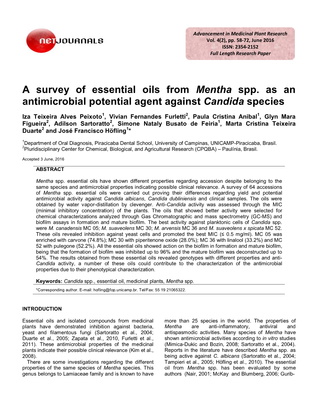 A Survey of Essential Oils from Mentha Spp. As an Antimicrobial Potential Agent Against Candida Species