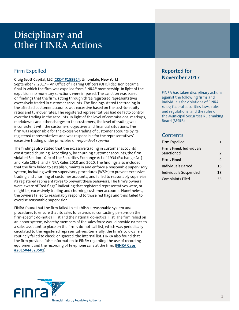 Disciplinary and Other FINRA Actions / November 2017