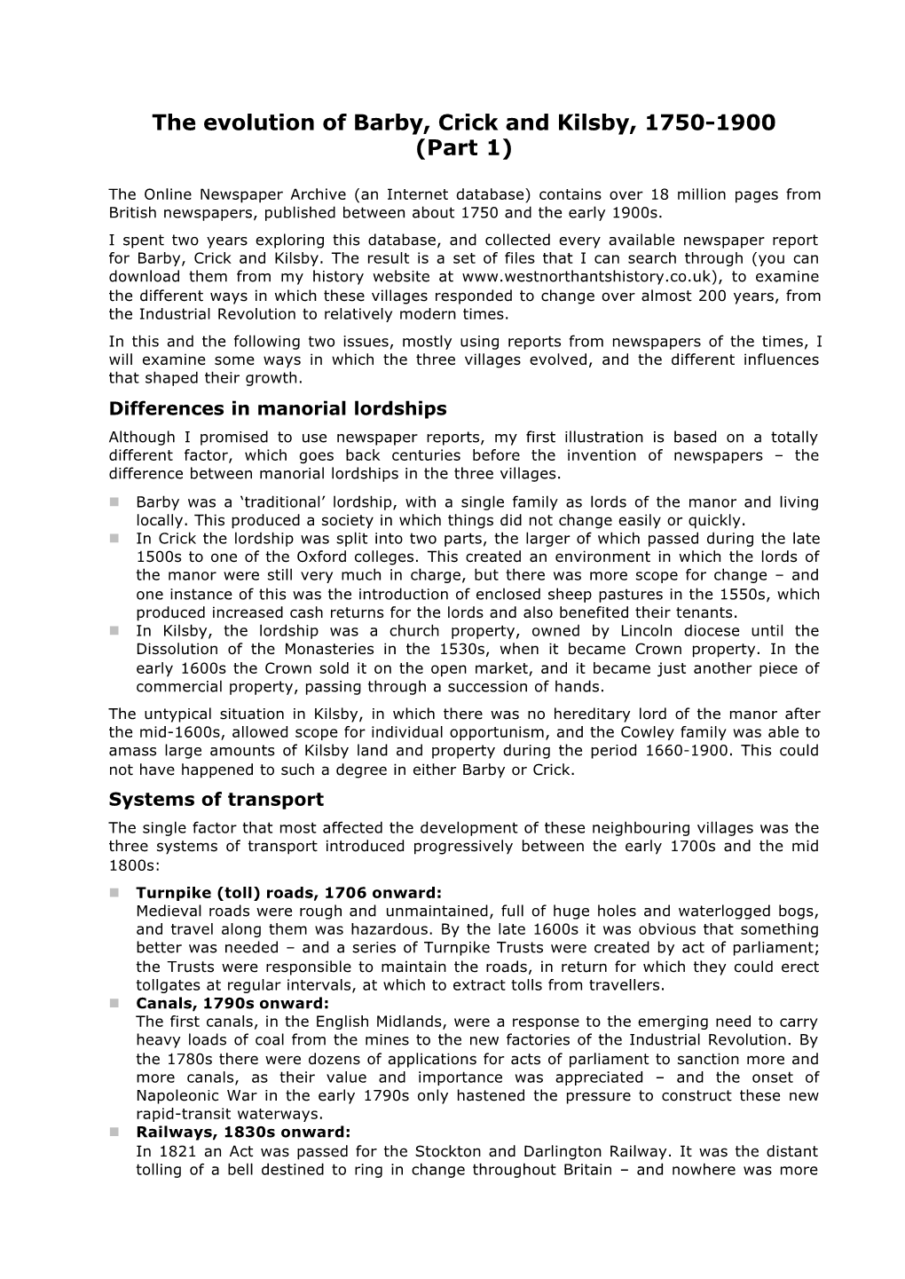 The Evolution of Barby, Crick and Kilsby, 1750-1900 (Part 1)