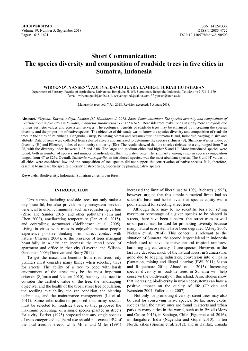 The Species Diversity and Composition of Roadside Trees in Five Cities in Sumatra, Indonesia