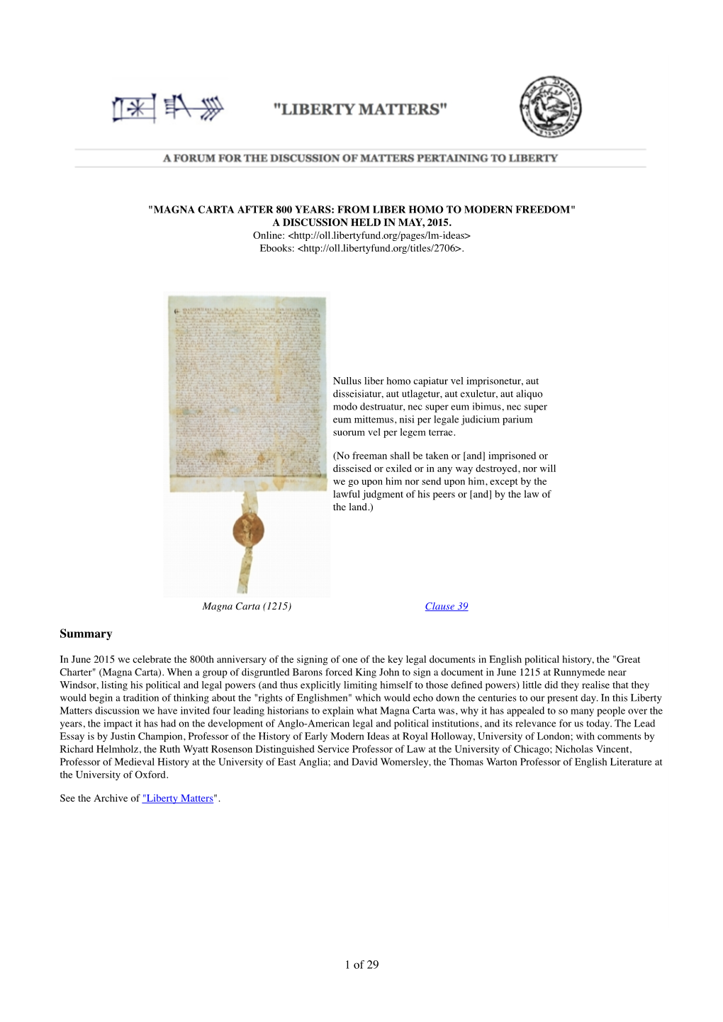 Magna Carta After 800 Years: from Liber Homo to Modern Freedom" a Discussion Held in May, 2015