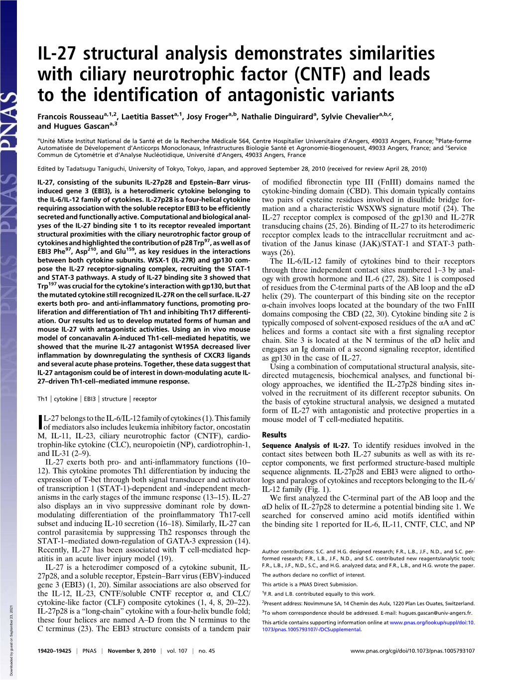 IL-27 Structural Analysis Demonstrates Similarities with Ciliary Neurotrophic Factor (CNTF) and Leads to the Identification of A