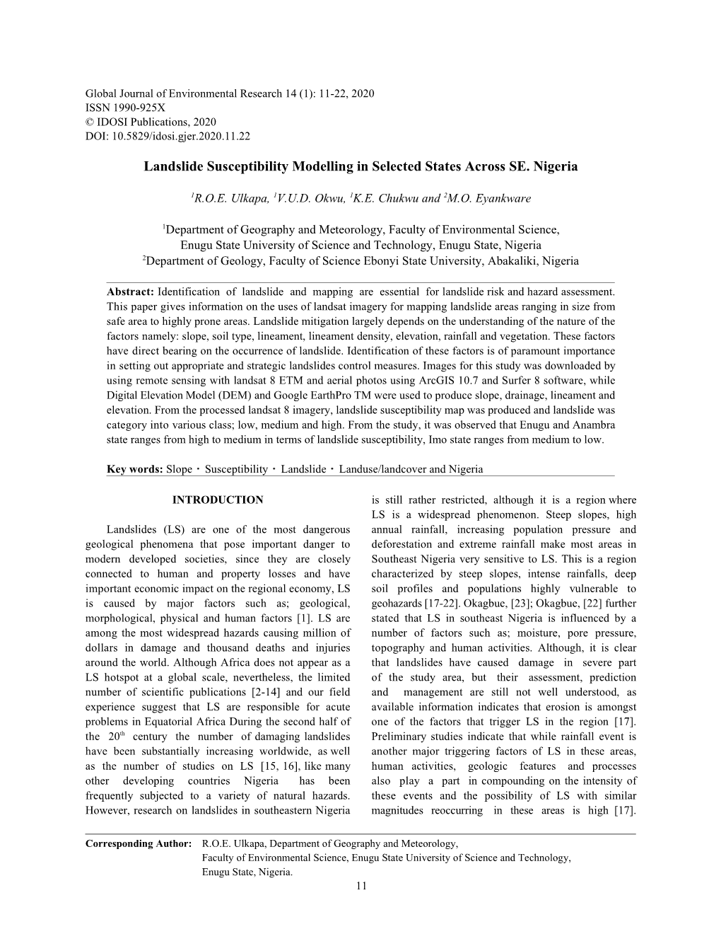 Landslide Susceptibility Modelling in Selected States Across SE. Nigeria