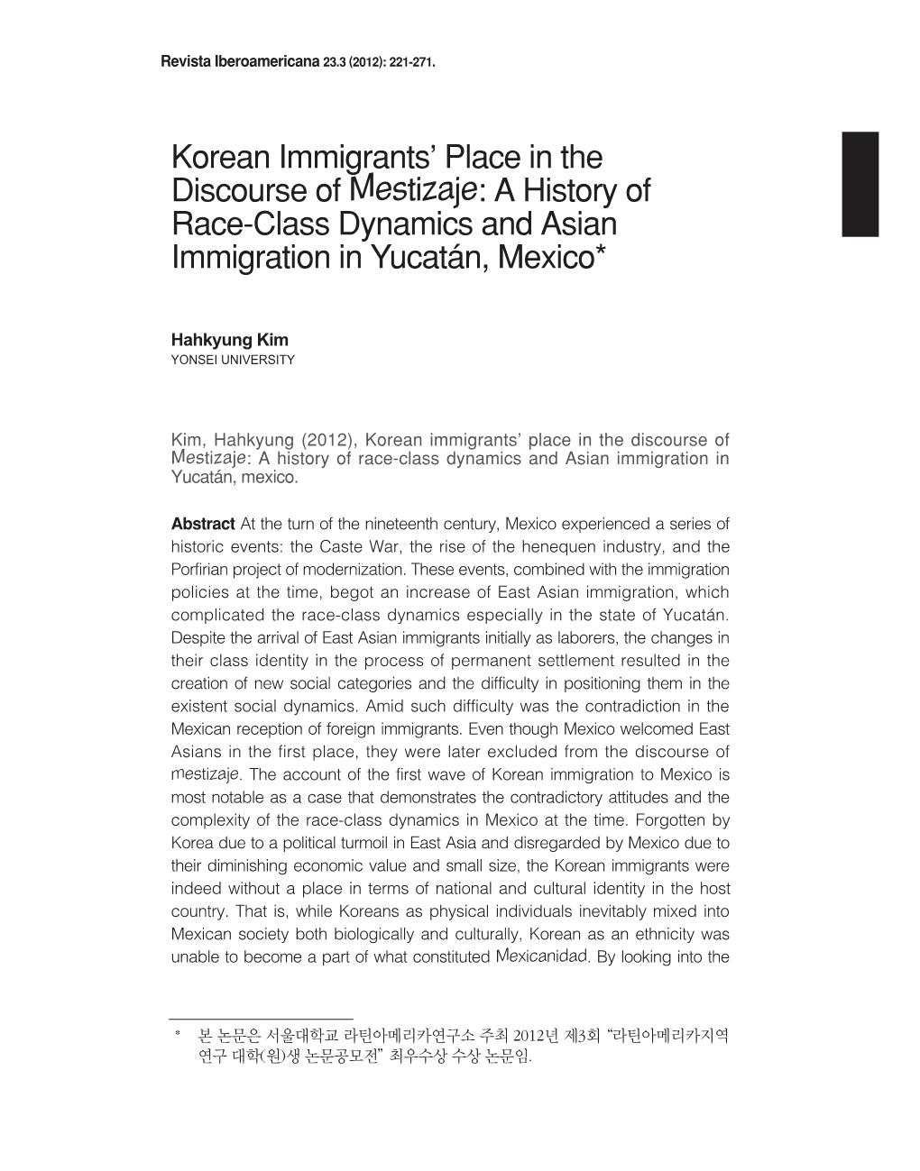 Korean Immigrants' Place in the Discourse of Mestizaje