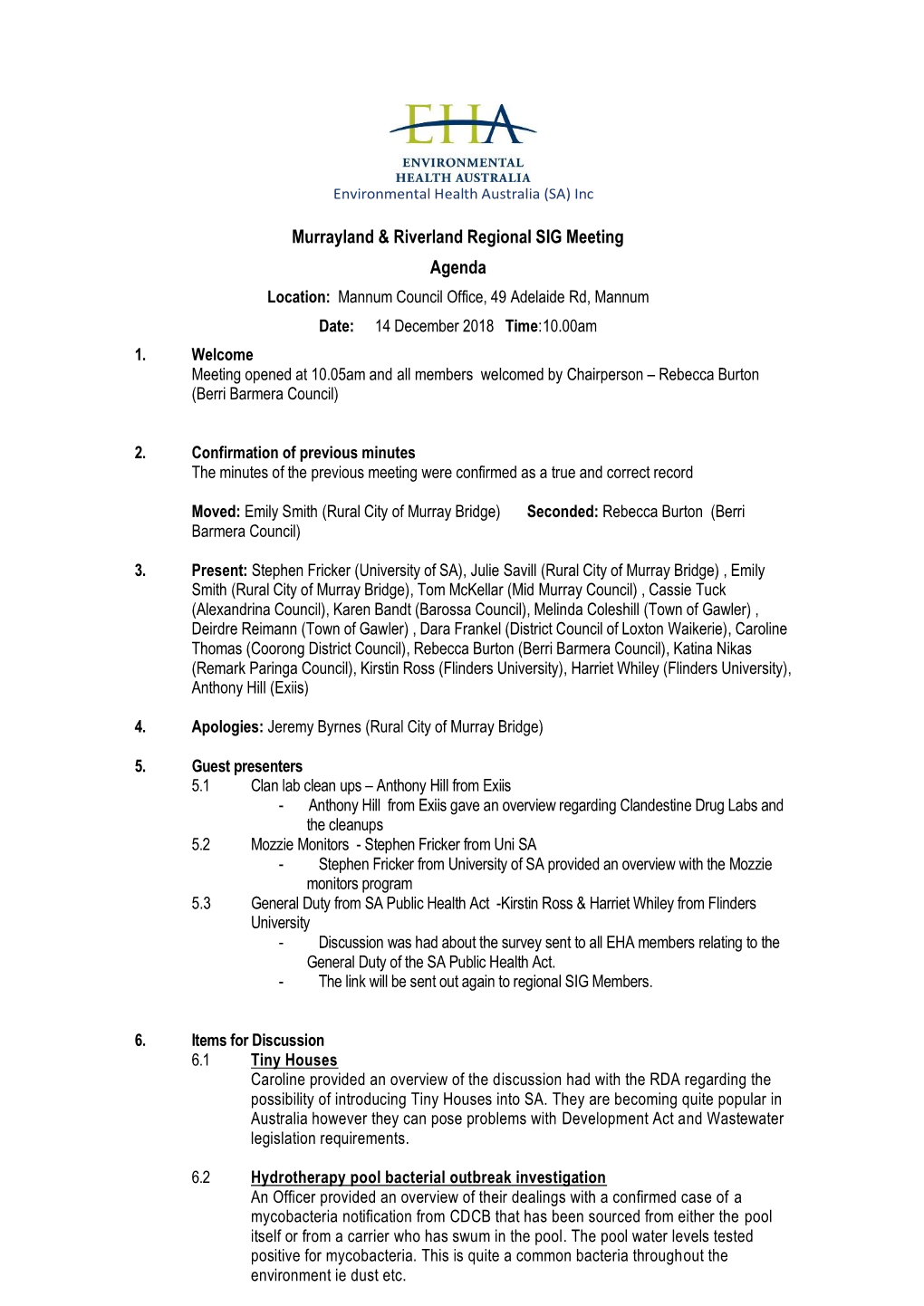 Murrayland & Riverland Regional SIG Meeting Agenda