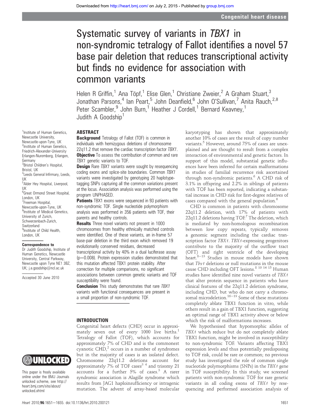 Systematic Survey of Variants in TBX1 in Non-Syndromic Tetralogy of Fallot Identifies a Novel 57 Base Pair Deletion That Reduces