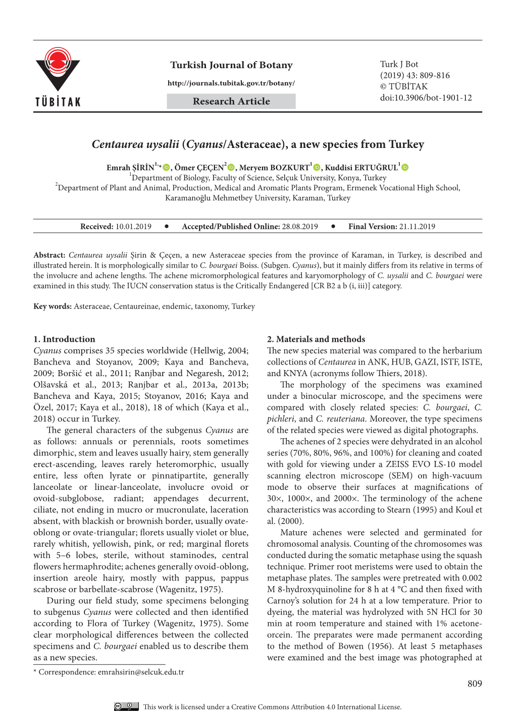 Centaurea Uysalii (Cyanus/Asteraceae), a New Species from Turkey