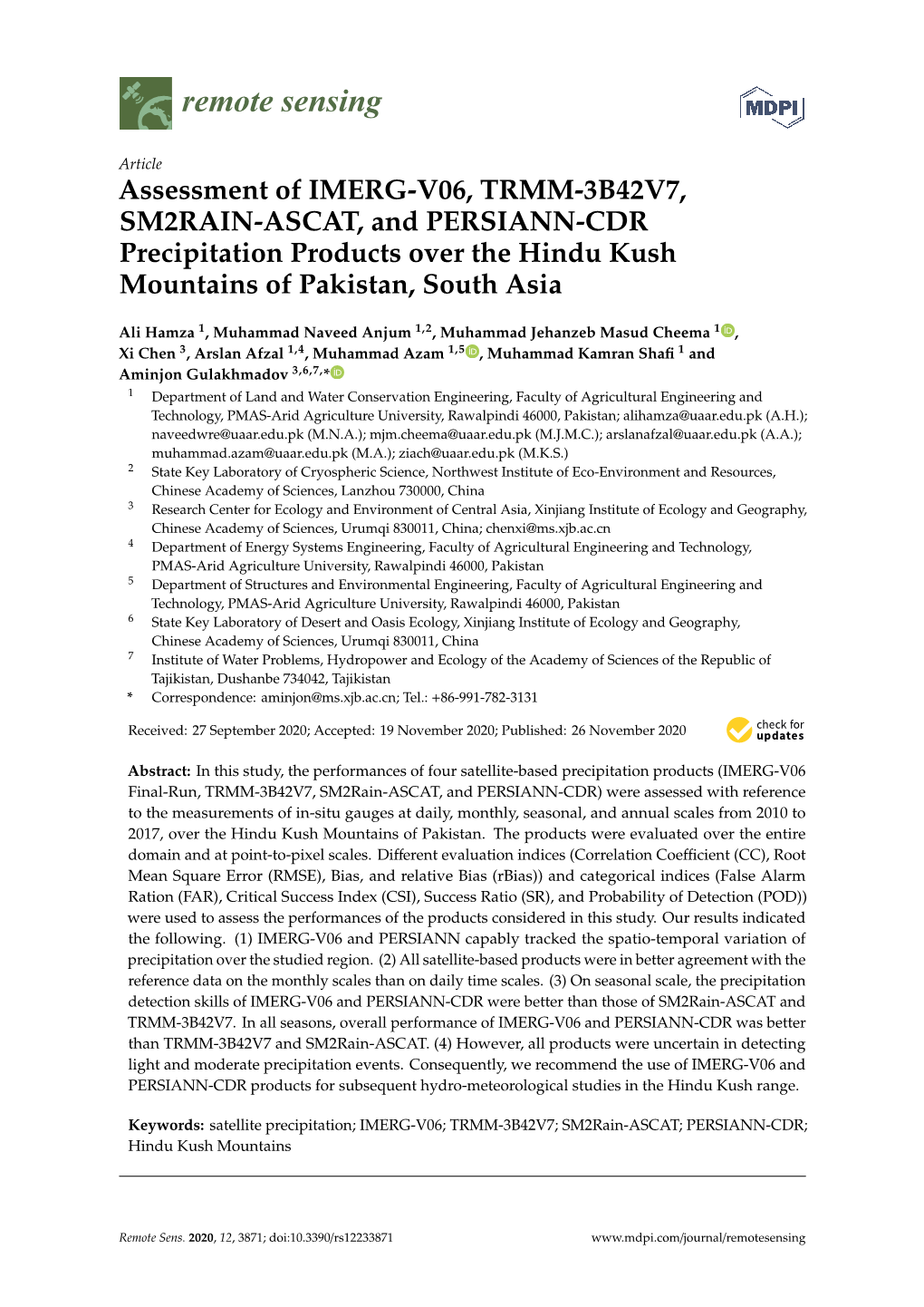 Assessment of IMERG-V06, TRMM-3B42V7, SM2RAIN-ASCAT, and PERSIANN-CDR Precipitation Products Over the Hindu Kush Mountains of Pakistan, South Asia