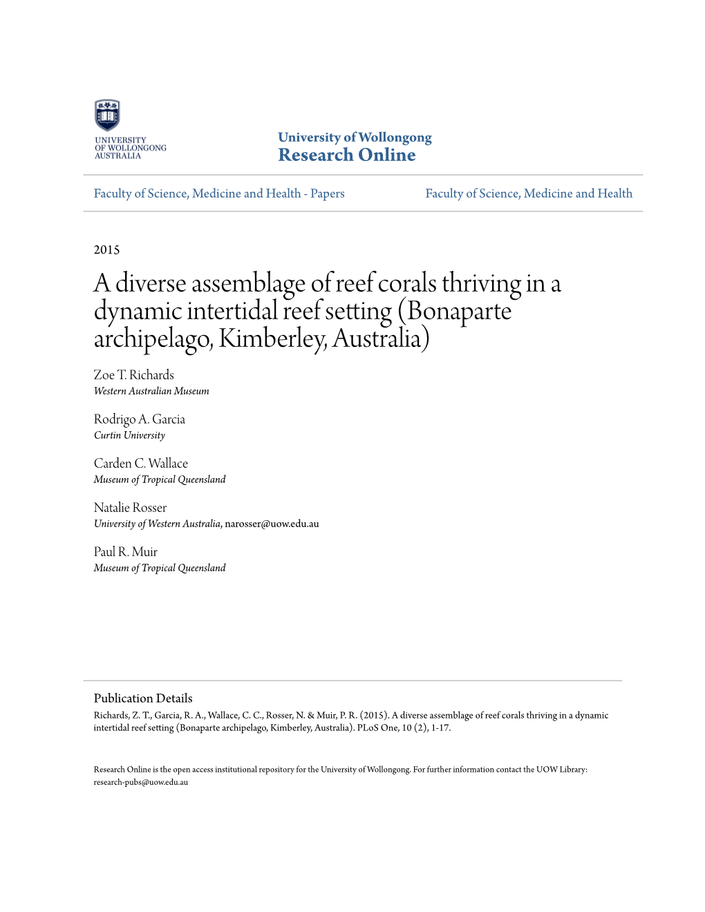 A Diverse Assemblage of Reef Corals Thriving in a Dynamic Intertidal Reef Setting (Bonaparte Archipelago, Kimberley, Australia) Zoe T