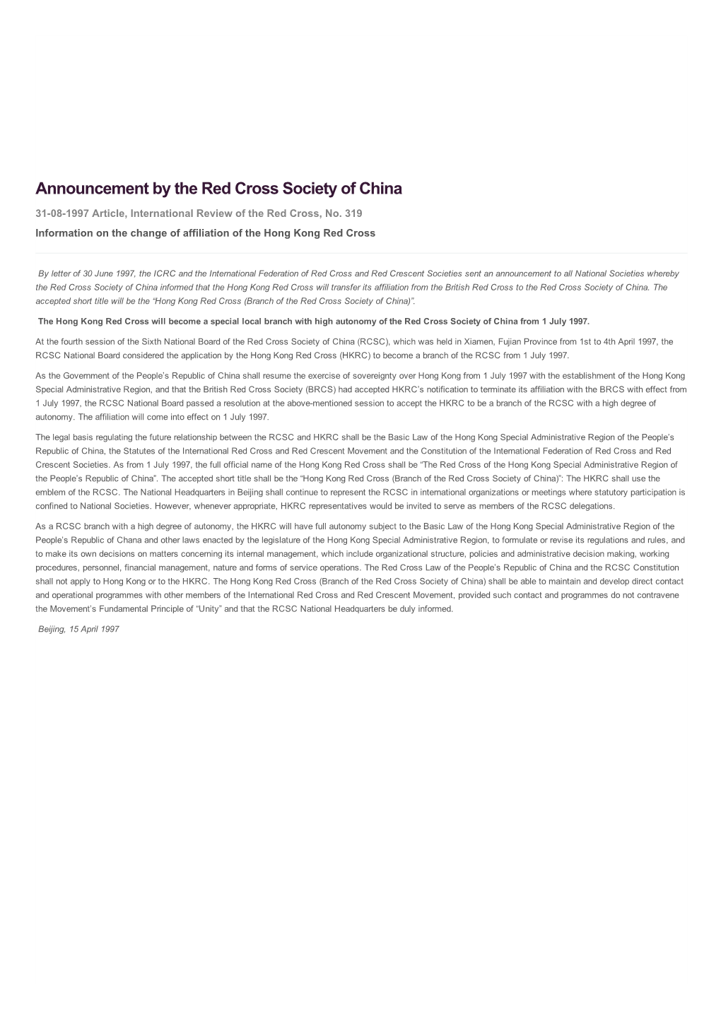 Announcement by the Red Cross Society of China