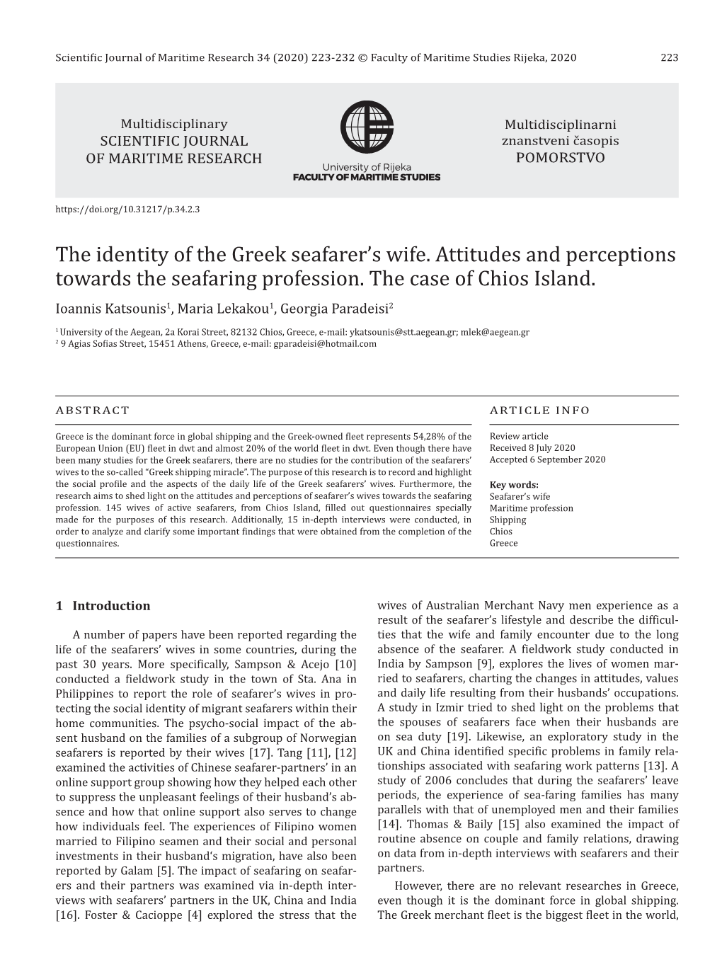 The Identity of the Greek Seafarer's Wife. Attitudes and Perceptions