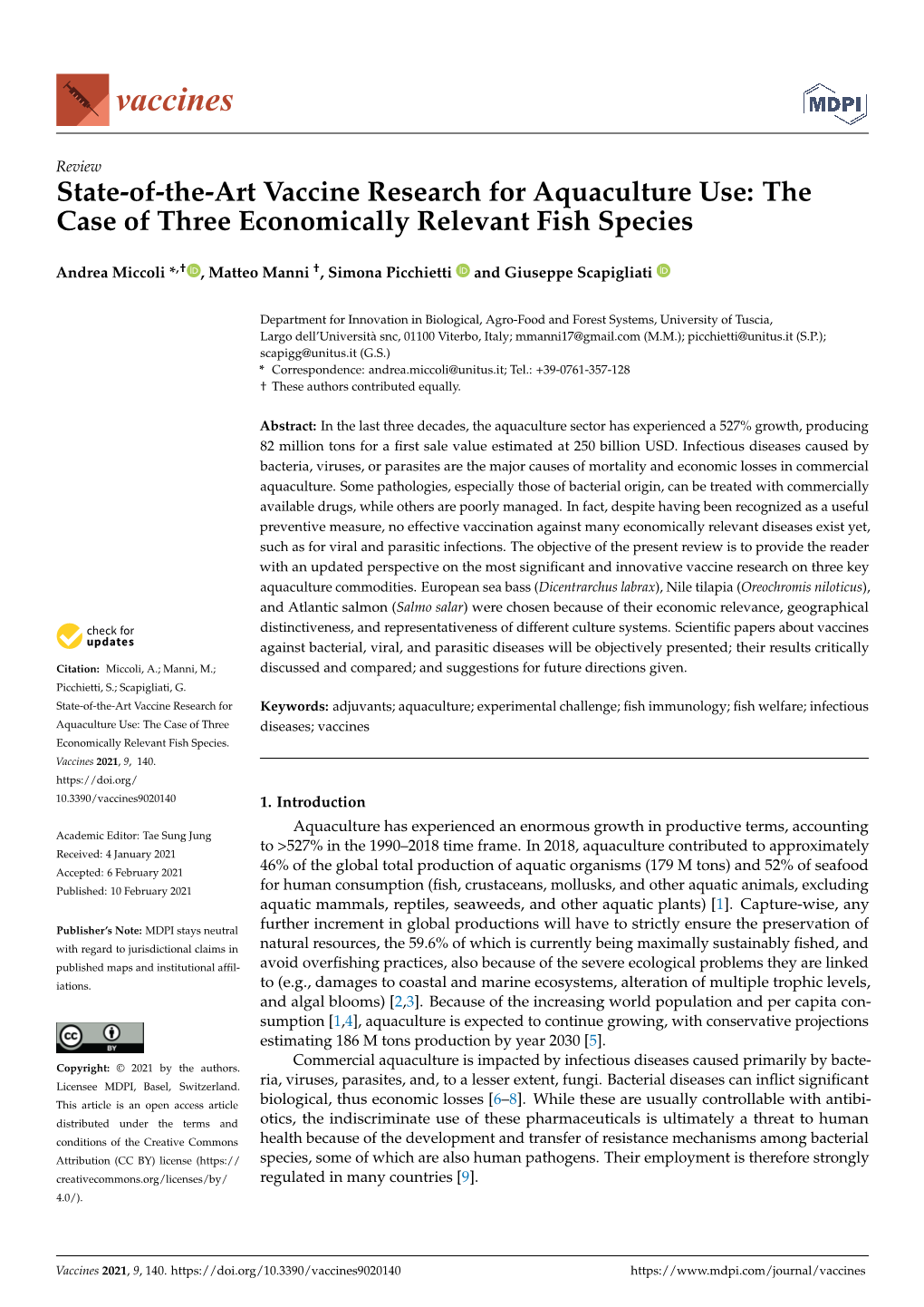 State-Of-The-Art Vaccine Research for Aquaculture Use: the Case of Three Economically Relevant Fish Species