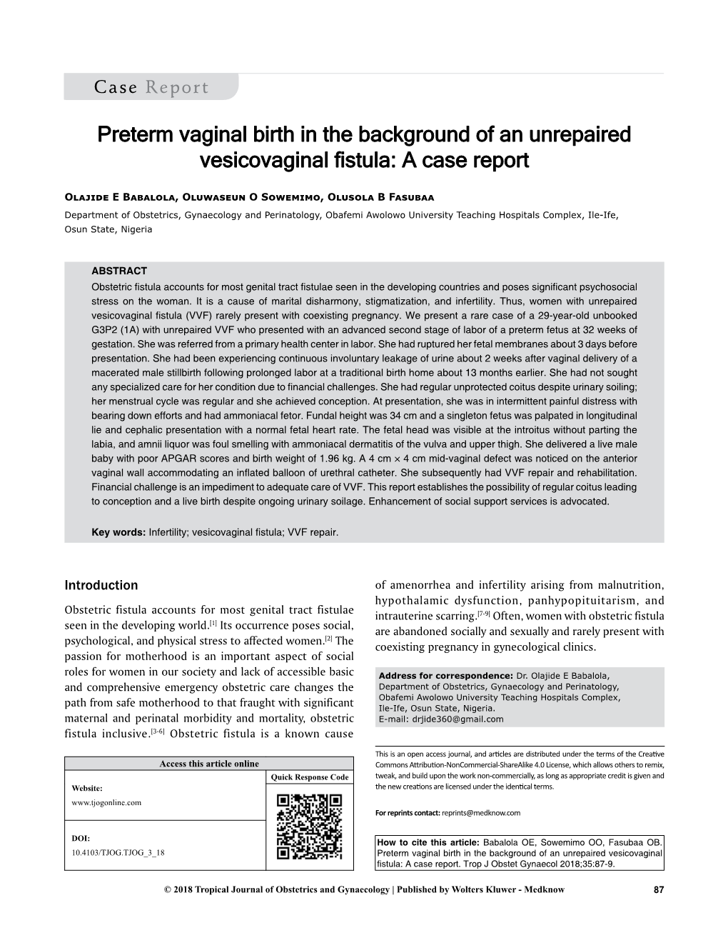 Preterm Vaginal Birth in the Background of an Unrepaired Vesicovaginal Fistula: a Case Report