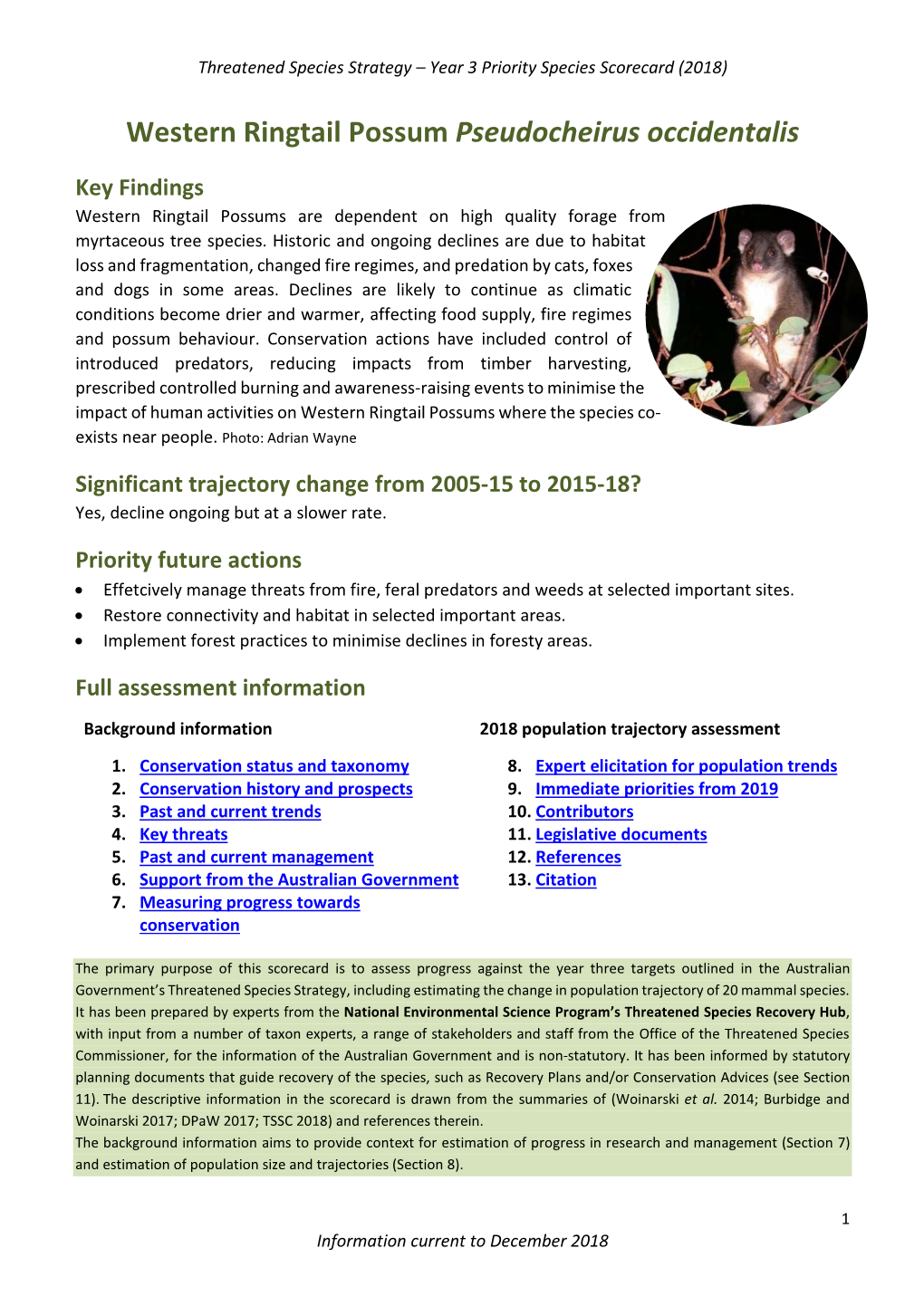 Threatened Species Strategy Year 3 Scorecard – Western Ringtail Possum