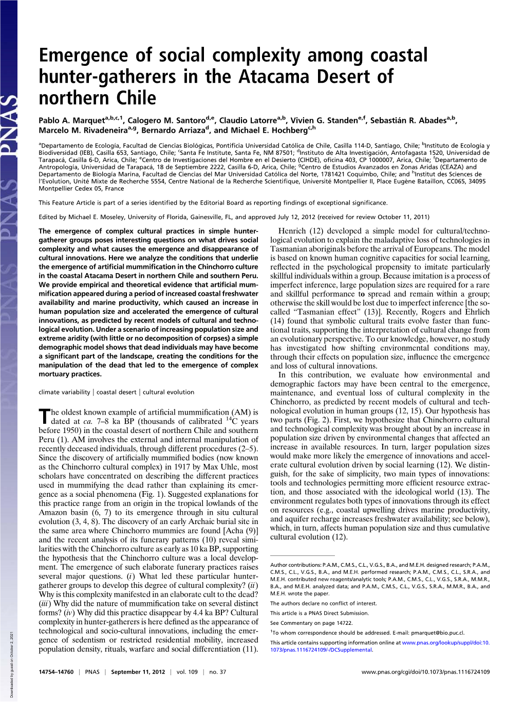 Emergence of Social Complexity Among Coastal Hunter-Gatherers in the Atacama Desert of Northern Chile