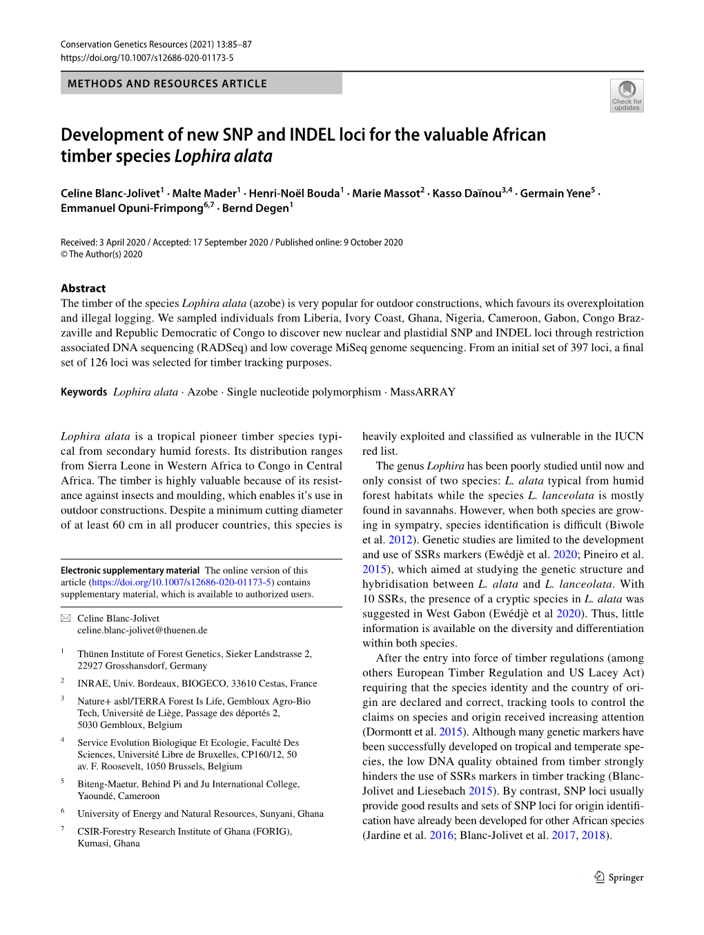 Development of New SNP and INDEL Loci for the Valuable African Timber Species Lophira Alata
