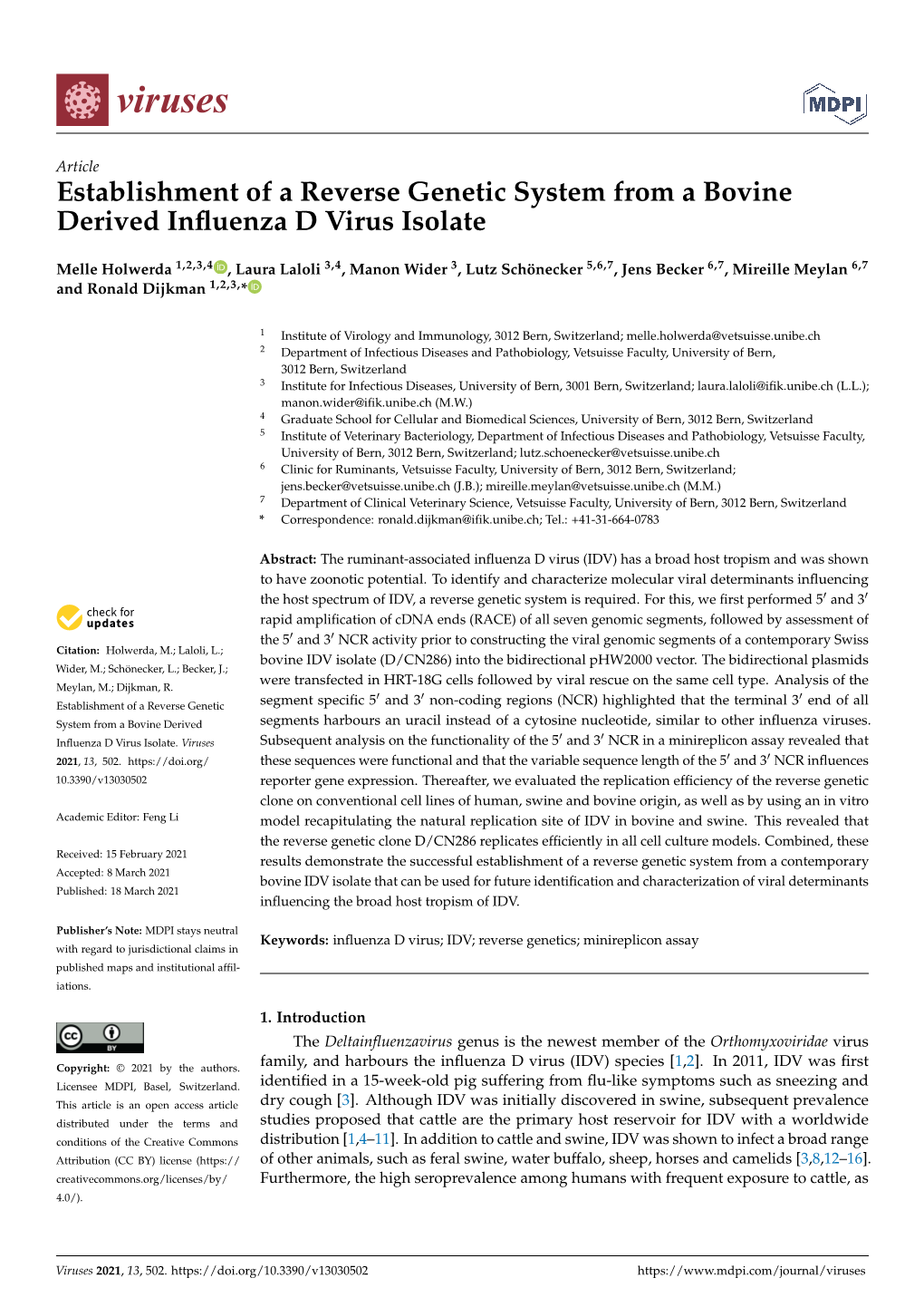 Establishment of a Reverse Genetic System from a Bovine Derived Influenza D Virus Isolate