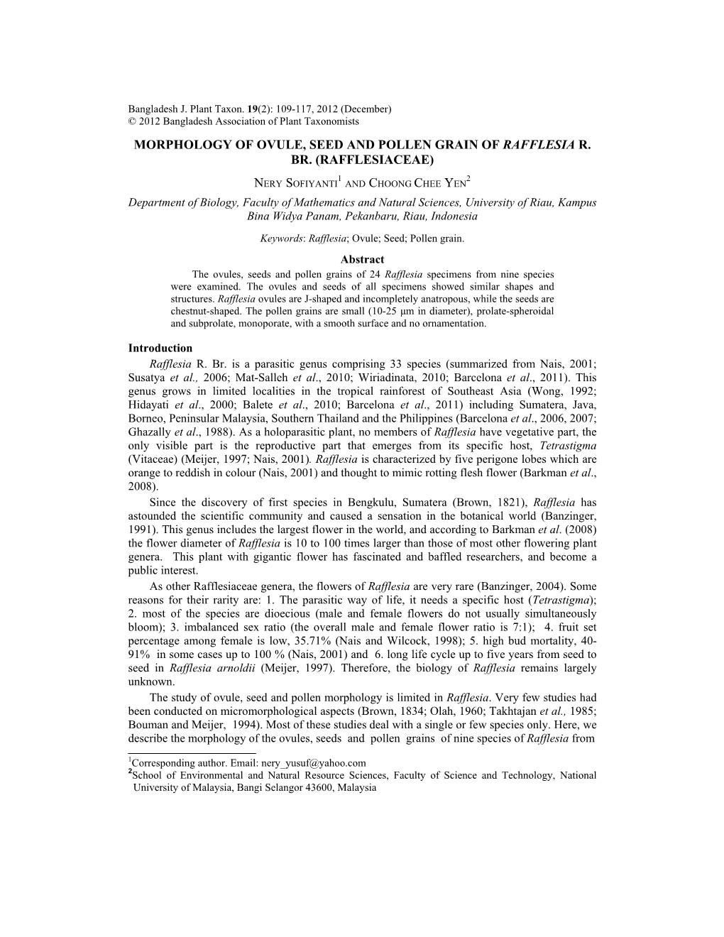 Morphology of Ovule, Seed and Pollen Grain of Rafflesia R