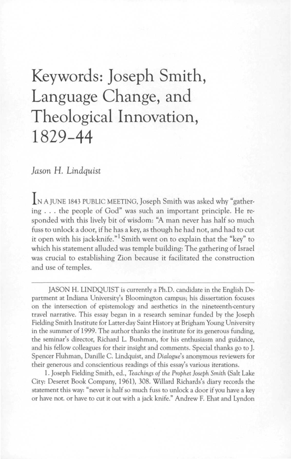 Keywords: Joseph Smith, Language Change, and Theological Innovation, 1829-44