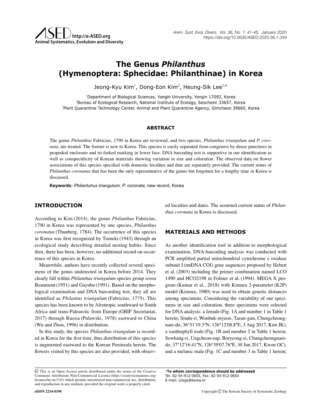 The Genus Philanthus (Hymenoptera: Sphecidae: Philanthinae) in Korea