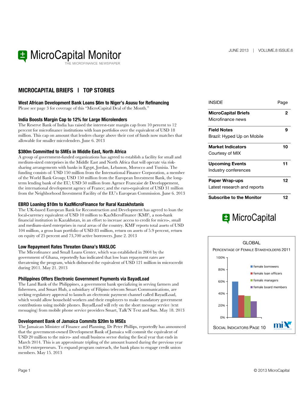 Microcapital Monitor JUNE 2013 | VOLUME.8 ISSUE.6 the MICROFINANCE NEWSPAPER