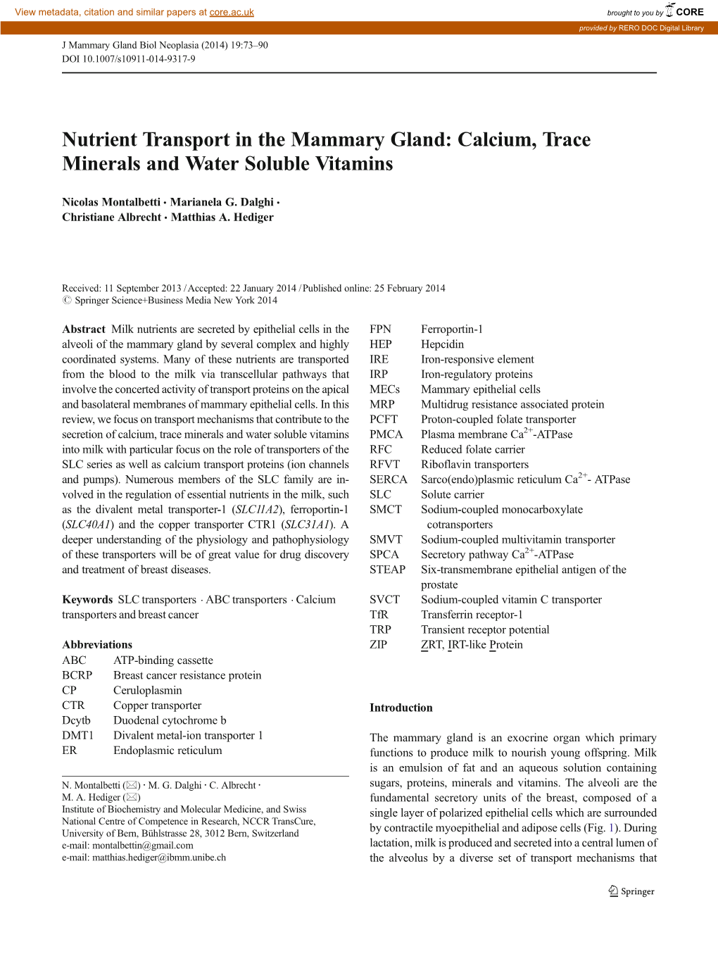 Nutrient Transport in the Mammary Gland: Calcium, Trace Minerals and Water Soluble Vitamins