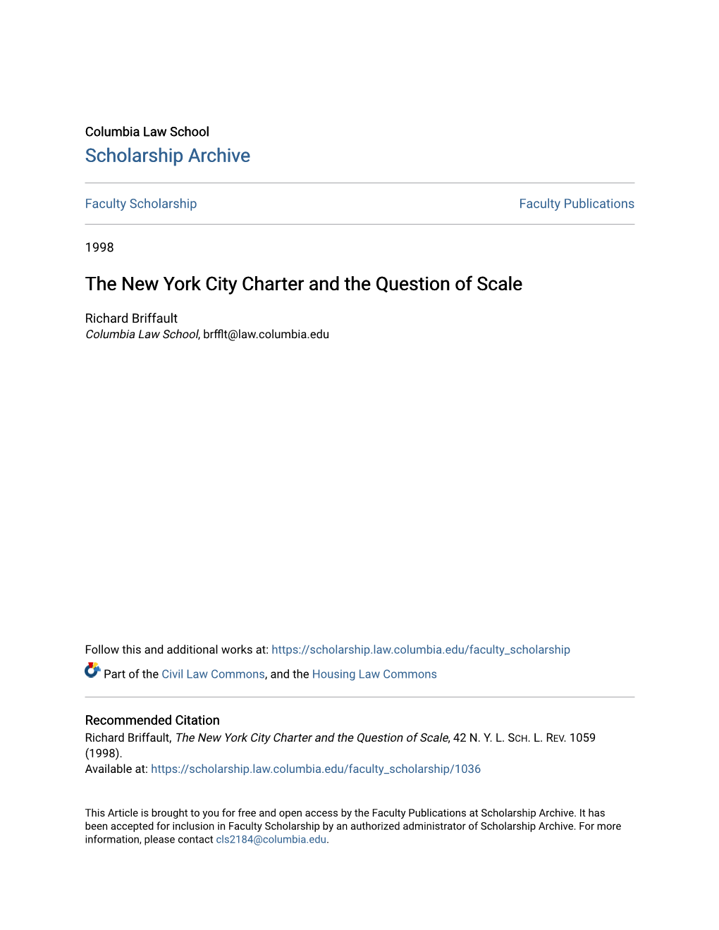 The New York City Charter and the Question of Scale