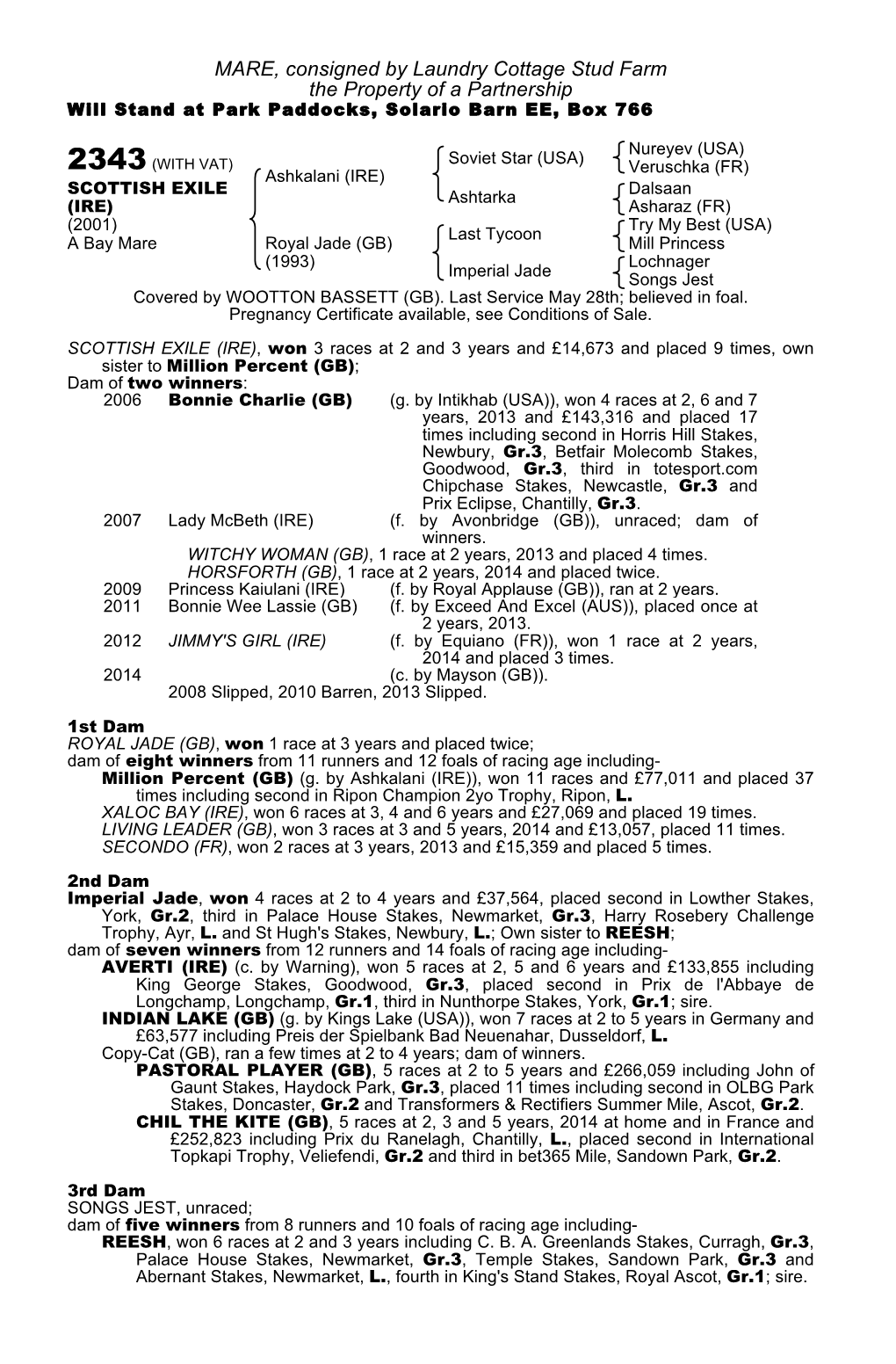 MARE, Consigned by Laundry Cottage Stud Farm the Property of a Partnership Will Stand at Park Paddocks, Solario Barn EE, Box 766