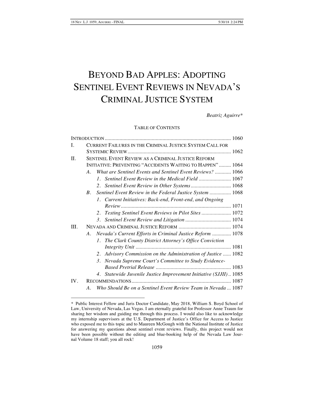 Beyond Bad Apples: Adopting Sentinel Event Reviews in Nevada’S Criminal Justice System
