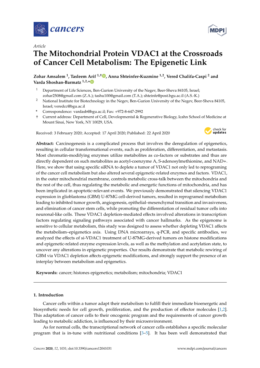 The Mitochondrial Protein VDAC1 at the Crossroads of Cancer Cell Metabolism: the Epigenetic Link