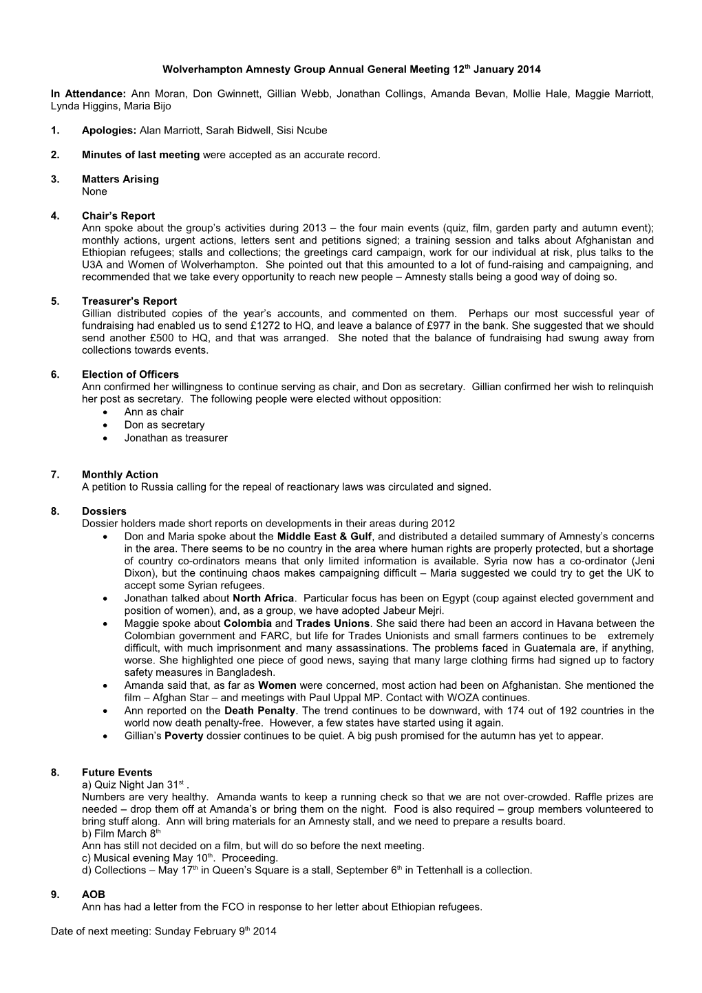 Wolverhampton Amnesty Group Annual General Meeting 12Th January 2014