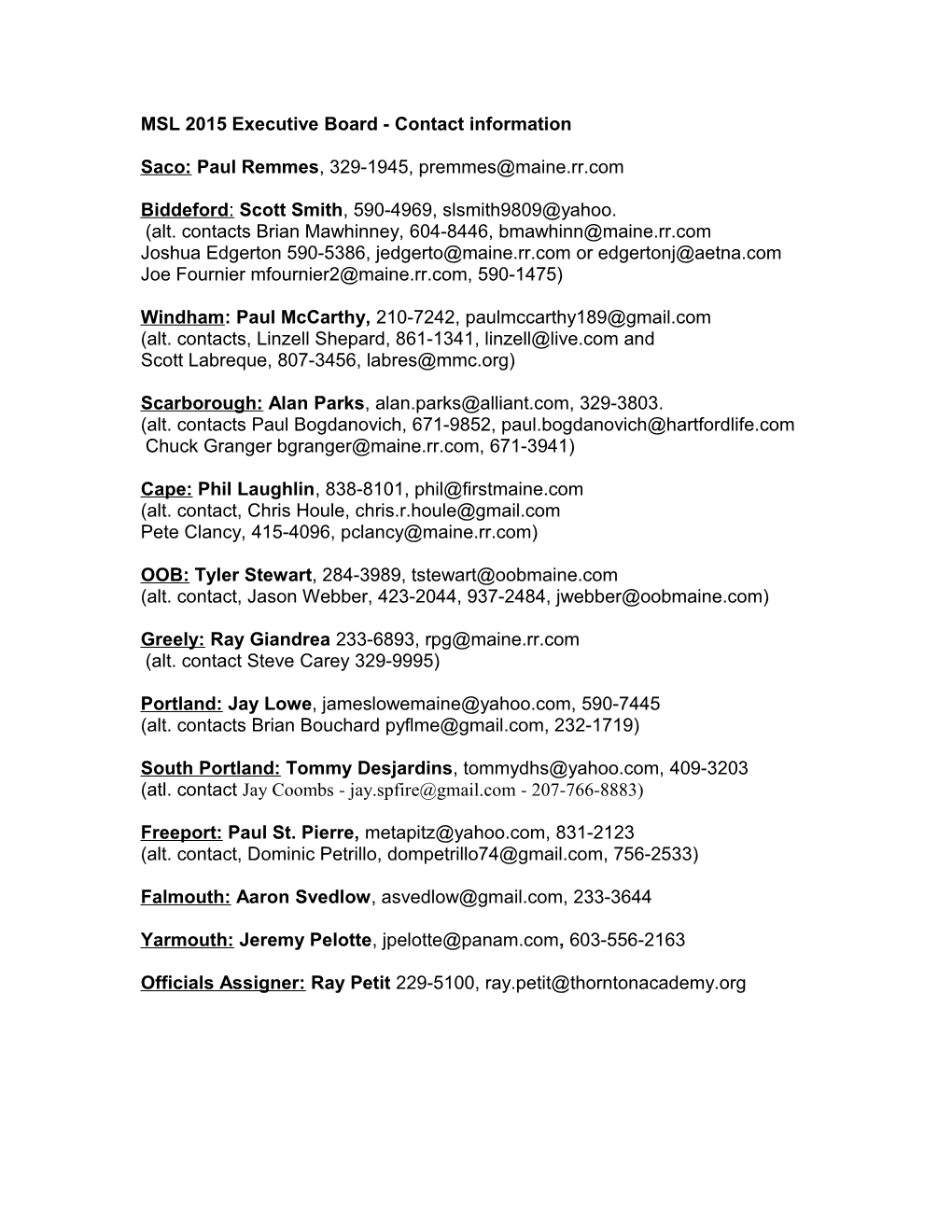 MSL 2015 Executive Board - Contact Information