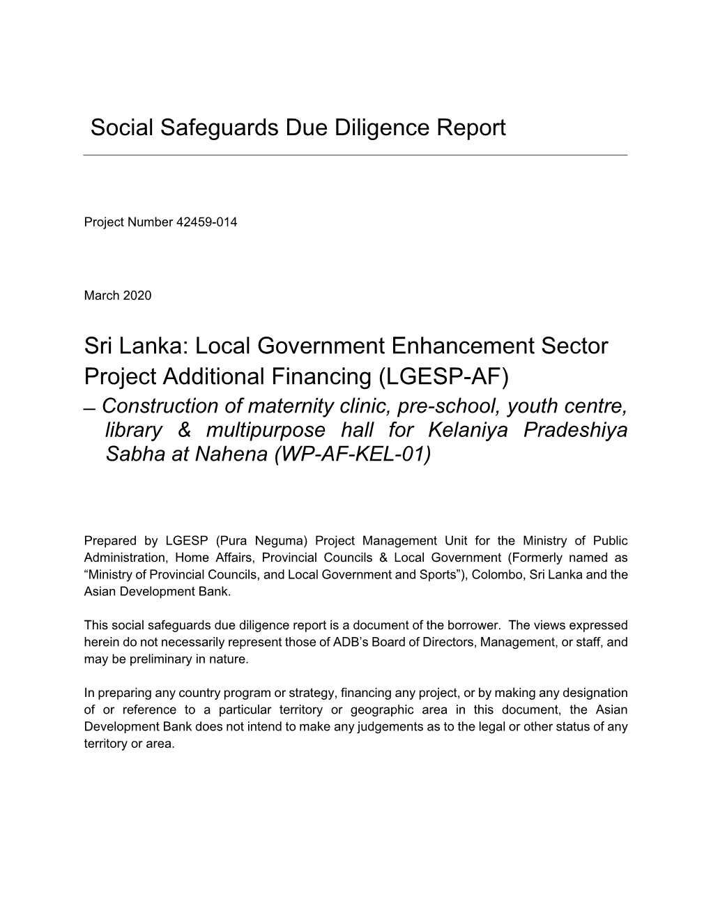 Social Safeguards Due Diligence Report Sri Lanka: Local