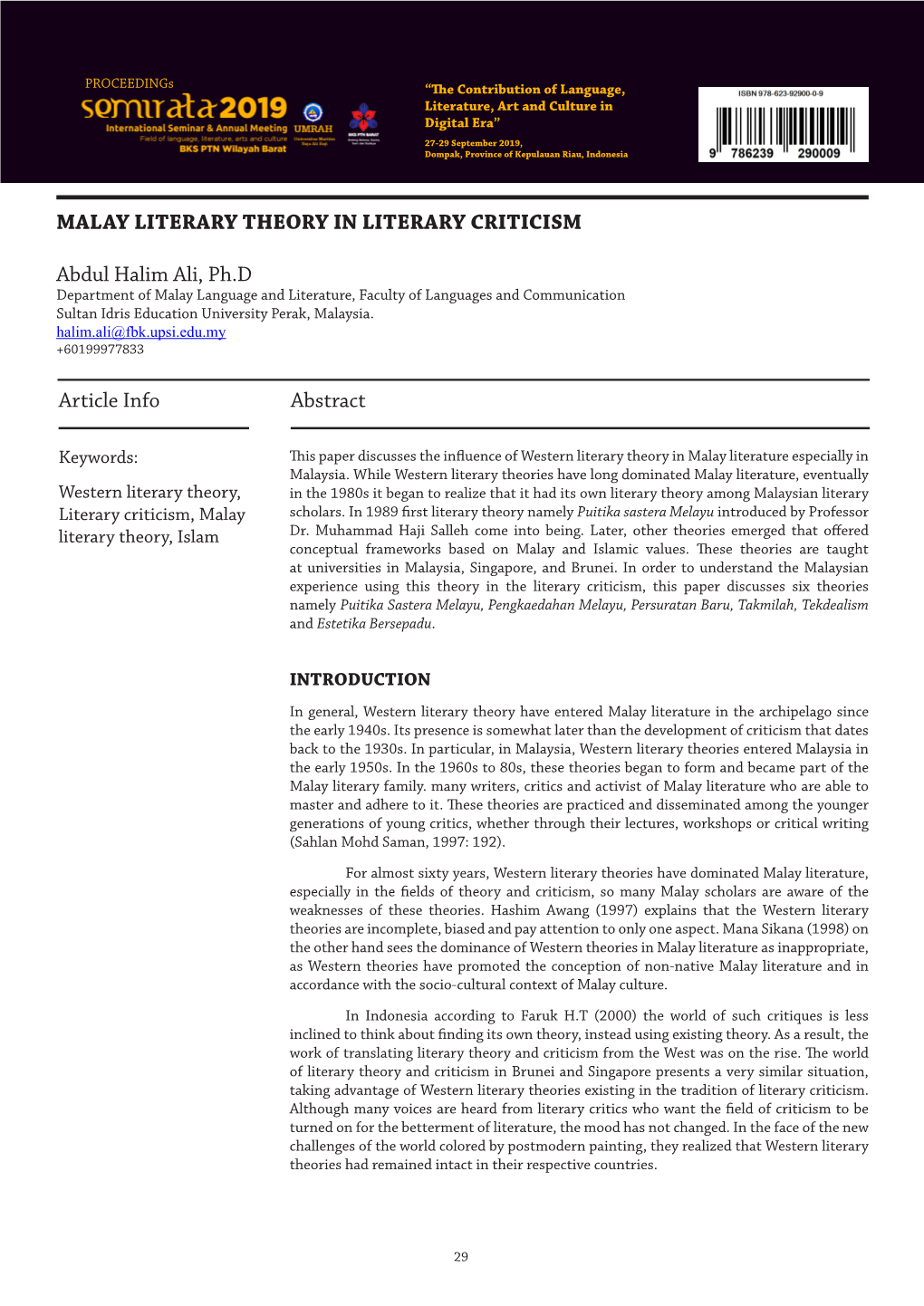 Article Info Abstract MALAY LITERARY THEORY in LITERARY