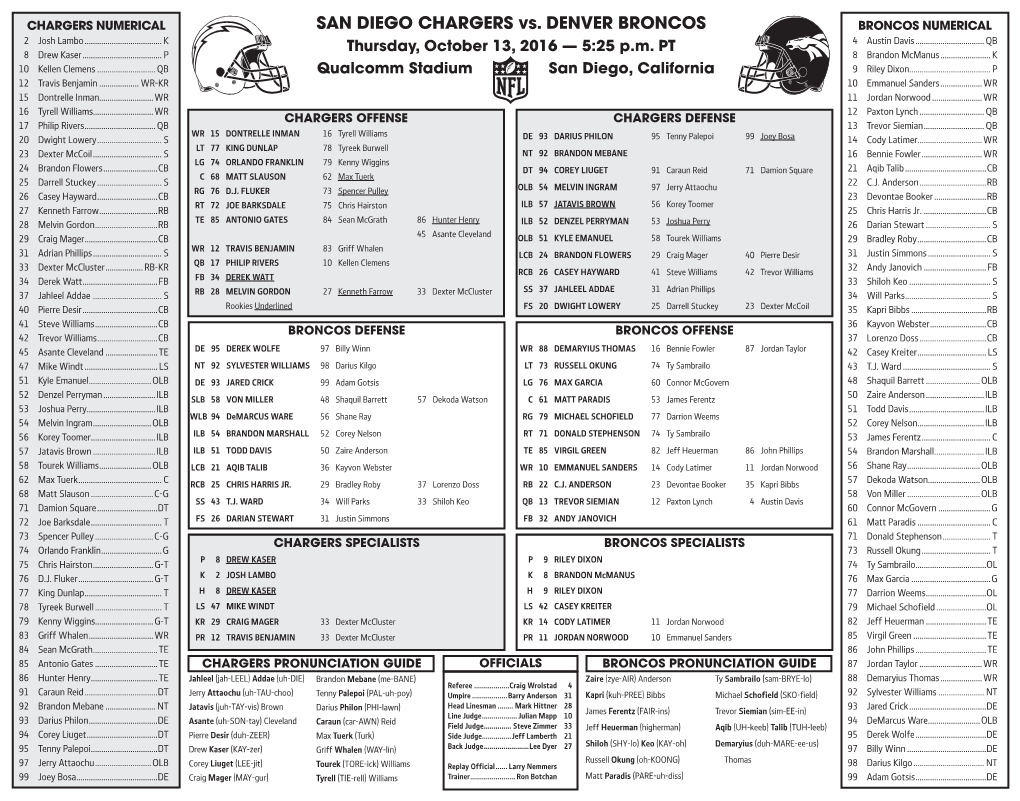 SAN DIEGO CHARGERS Vs. DENVER BRONCOS BRONCOS NUMERICAL 2 Josh Lambo