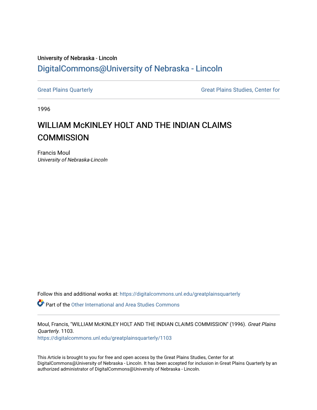 WILLIAM Mckinley HOLT and the INDIAN CLAIMS COMMISSION