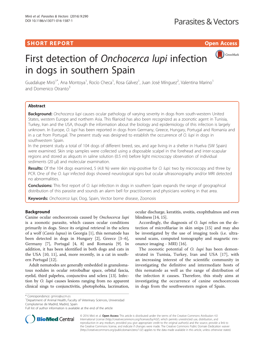 First Detection of Onchocerca Lupi Infection in Dogs in Southern Spain