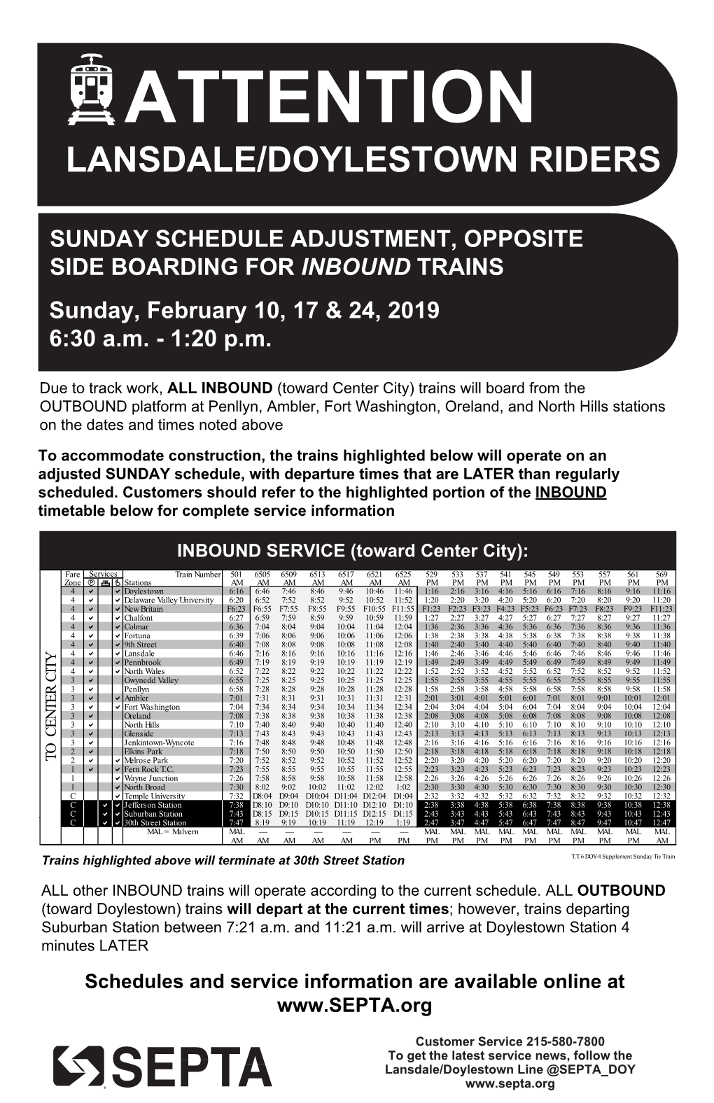 Lansdale/Doylestown Sunday Timetable Feb