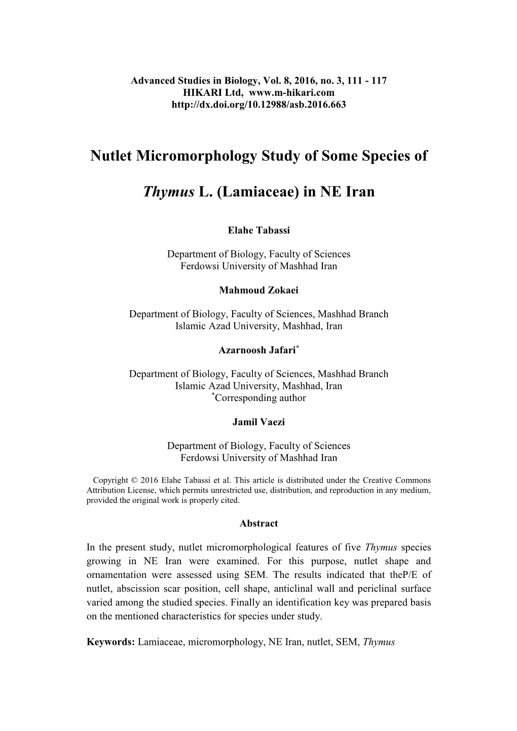 Nutlet Micromorphology Study of Some Species of Thymus L