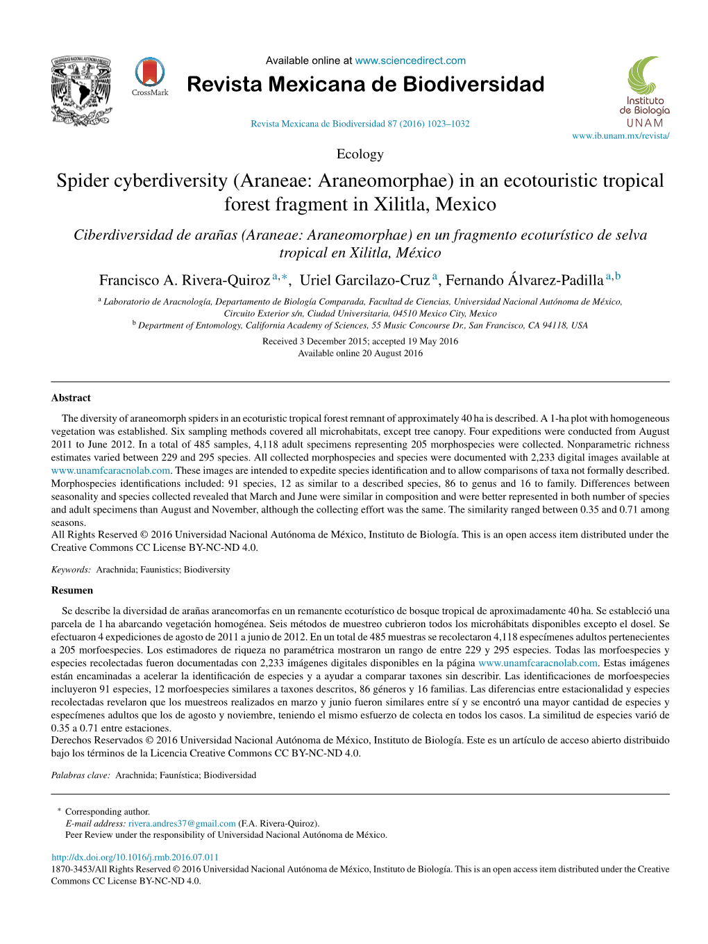 Spider Cyberdiversity (Araneae: Araneomorphae) in an Ecotouristic Tropical Forest Fragment in Xilitla, Mexico