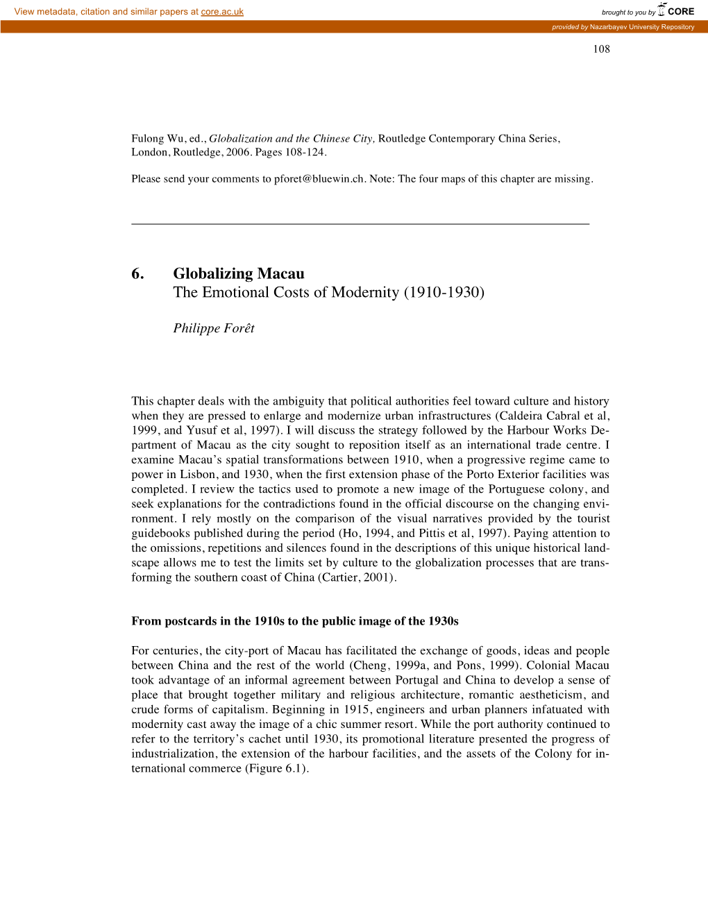 6. Globalizing Macau the Emotional Costs of Modernity (1910-1930)