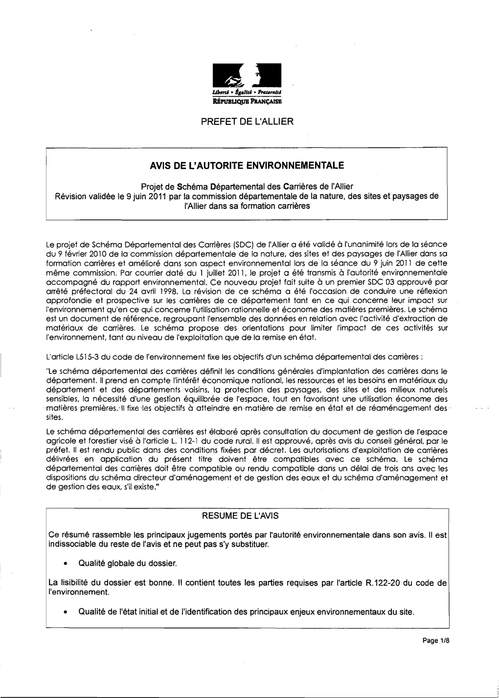 Avis De L'autorité Environnementale Sur Le SDC Allier