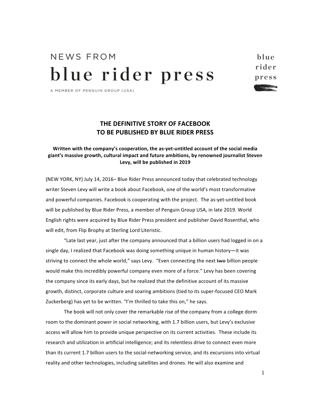 The Definitive Story of Facebook to Be Published by Blue Rider Press