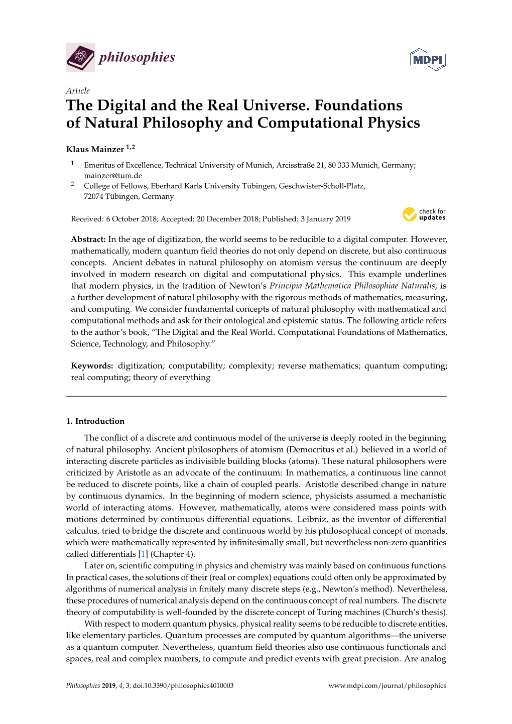 The Digital and the Real Universe. Foundations of Natural Philosophy and Computational Physics