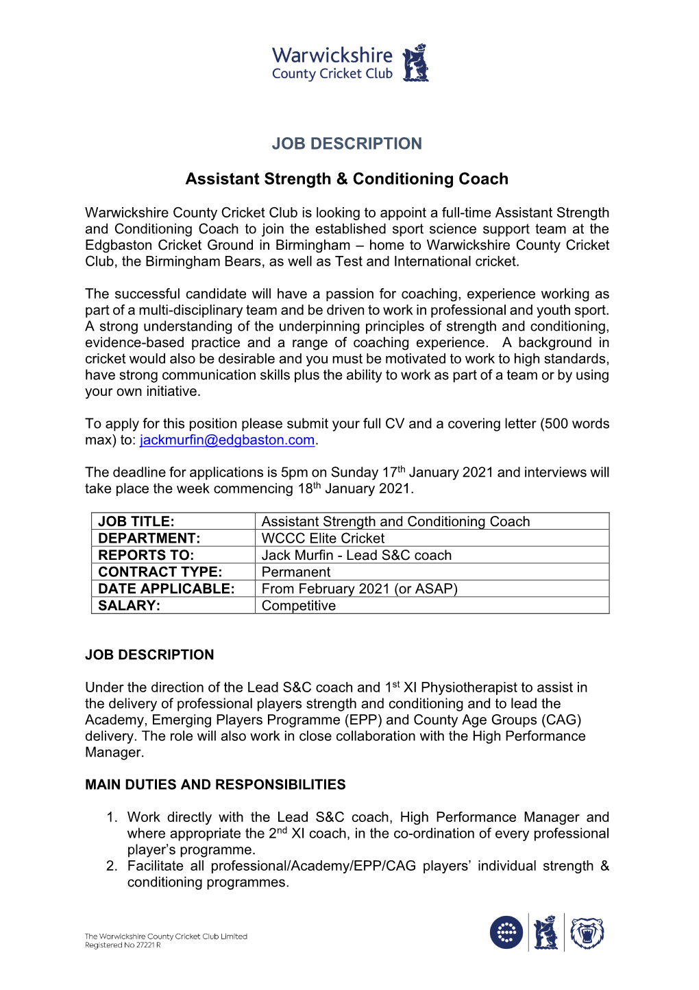 JOB DESCRIPTION Assistant Strength & Conditioning Coach