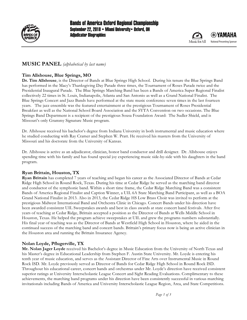 Bands of America Oxford Regional Championship September 22, 2018 ! Miami University! Oxford, OH Adjudicator Biographies National Presenting Sponsor