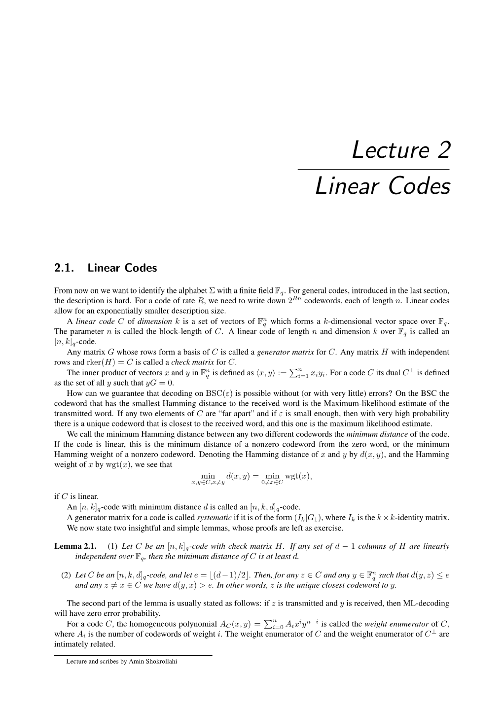 Lecture 2 Linear Codes