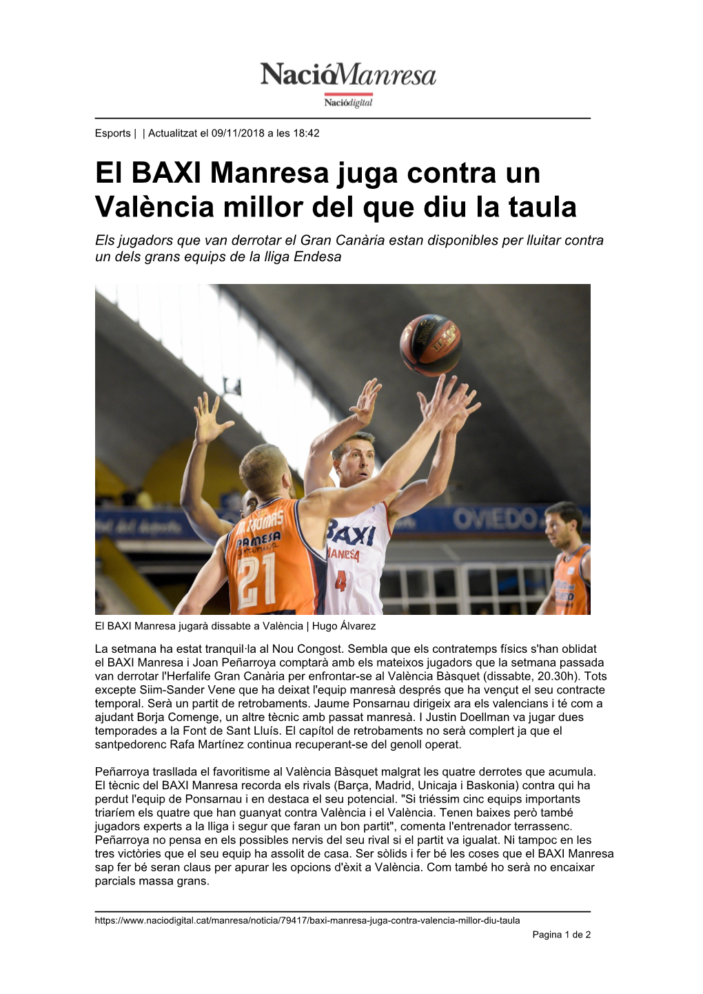 El BAXI Manresa Juga Contra Un València Millor Del Que Diu La Taula